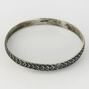 Vintage Mexican Silver Plated Etched Chevron Bangle Bracelet MEX CO 17.5g 8”